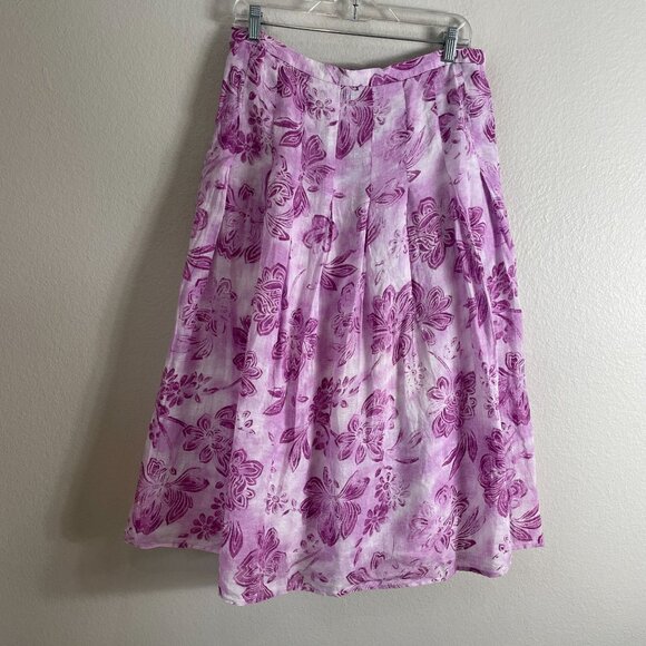 J Jill Womens Petite 10 Purple Floral Pleated Midi Skirt 100% Linen Lined - Picture 9 of 10